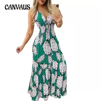 Летнее женское платье с висячим вырезом и лифом на шее, с высокой талией, длинное платье с принтом, сексуальное платье S чёрный