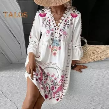 Летнее женское платье с вырезами из кружева в стиле пэчворк в богемном стиле с рукавами три четверти Свободное плиссированное платье длиной до колена с V-образным вырезом и принтом для отпуска Пляжное платье миди M красный