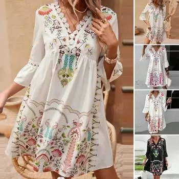 Летнее женское платье с вырезами из кружева в стиле пэчворк в богемном стиле с рукавами три четверти Свободное плиссированное платье длиной до колена с V-образным вырезом и принтом для отпуска Пляжное платье миди M красный