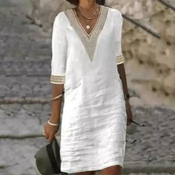 Летнее женское платье с вырезом крючком и V-образным вырезом с короткими рукавами, подходящее по цвету свободное ретро длиной до колена, мягкое дышащее повседневное платье миди для свиданий S серый