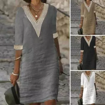 Летнее женское платье с вырезом крючком и V-образным вырезом с короткими рукавами, подходящее по цвету свободное ретро длиной до колена, мягкое дышащее повседневное платье миди для свиданий S серый