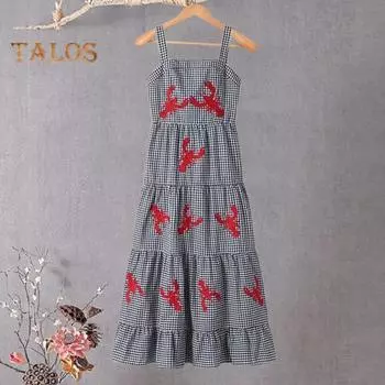 Летнее женское платье с вышивкой омара без рукавов в клетку с квадратным вырезом трапециевидной формы со свободным подолом в стиле пэчворк, дышащее мягкое пляжное платье миди для отдыха M чёрный