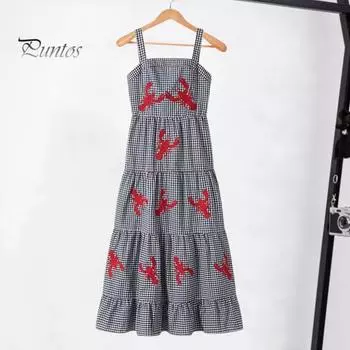 Летнее женское платье с вышивкой омара без рукавов в клетку с квадратным вырезом трапециевидной формы со свободным подолом в стиле пэчворк, дышащее мягкое пляжное платье миди для отдыха L чёрный