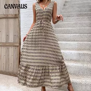 Летнее женское платье с высокой талией и v-образным вырезом с принтом Элегантные платья без рукавов S абрикосовый