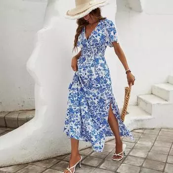 Летнее женское платье Senior Sense с длинной талией и тонким V-образным вырезом и оборками S синий