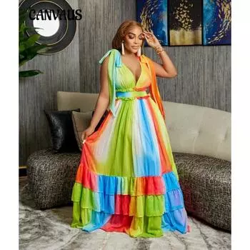 Летнее женское платье, сексуальное, с глубоким v-образным вырезом, без рукавов, модное, с принтом, с высокой талией, длинные платья больших размеров S