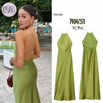 Летнее женское платье-слинг из европейского и американского атласа 2023 года L армия зеленый