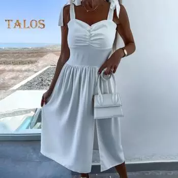 Летнее женское платье со шнуровкой и плиссировкой на плечах, однотонное платье с разрезом по краю, без рукавов, с открытой спиной, эластичный бюст, длина до середины икры, платье миди для свиданий, покупок L чёрный