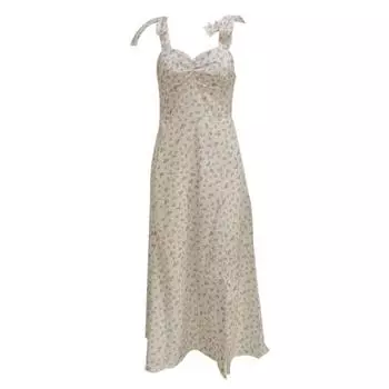 Летнее женское платье со шнуровкой на плечо Маленький цветочный принт с разрезом подол без рукавов и открытой спиной с глубоким вырезом и V-образным вырезом для отдыха пляжное платье миди M