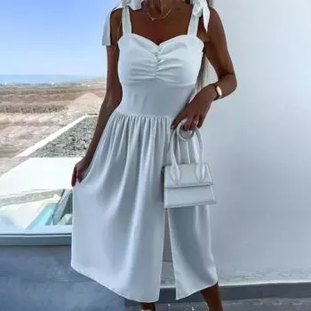 Летнее женское платье со шнуровкой на плечах, плиссированное, однотонное, с разрезом по низу, без рукавов, открытая спина, эластичный бюст, длина до середины икры, знакомства Shoppi S белый