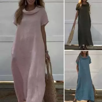 Летнее женское платье со складками на шее, свободные короткие рукава, сплошной цвет до щиколотки, боковые карманы, пуловер, повседневный XL армия зеленый