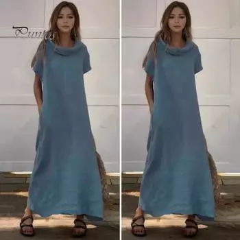 Летнее женское платье со складками на шее, свободные короткие рукава, сплошной цвет до щиколотки, боковые карманы, пуловер, повседневная одежда, повседневное платье макси XL армия зеленый