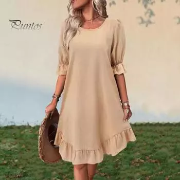 Летнее женское платье со средними рукавами, сплошной цвет, свободное трапециевидное платье с большими плиссированными рюшами и лоскутными принтами, пуловер с круглым вырезом, длиной до колена, платье миди M хаки