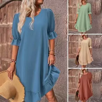 Летнее женское платье со средними рукавами, сплошной цвет, свободное трапециевидное платье с большими плиссированными рюшами и лоскутными принтами, пуловер с круглым вырезом, длиной до колена, платье миди L