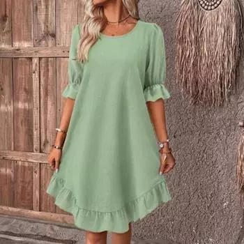 Летнее женское платье со средними рукавами, сплошной цвет, свободное трапециевидное платье с большими плиссированными рюшами и лоскутными принтами, пуловер с круглым вырезом, длиной до колена, платье миди M хаки