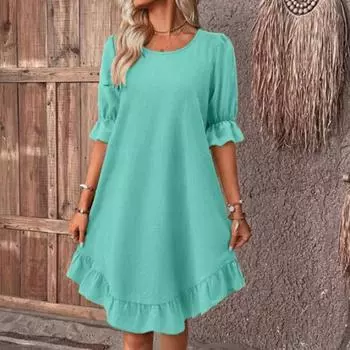 Летнее женское платье со средними рукавами, сплошной цвет, свободное трапециевидное платье с большими плиссированными рюшами и лоскутными принтами, пуловер с круглым вырезом, длиной до колена, платье миди L светло-зеленый