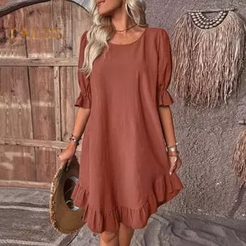 Летнее женское платье со средними рукавами, сплошной цвет, свободное трапециевидное платье с большими плиссированными рюшами и лоскутными принтами, пуловер с круглым вырезом, длиной до колена, платье миди M хаки