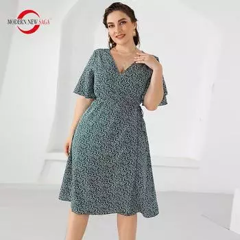 Летнее женское платье СОВРЕМЕННОЕ НОВОЕ женское повседневное платье SAGA с цветочным принтом, вечерние элегантные платья с короткими рукавами, большие размеры XL красный
