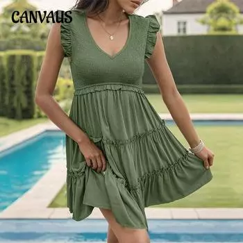 Летнее женское платье сплошного цвета с v-образным вырезом элегантное темпераментное платье с рюшами S армия зеленый