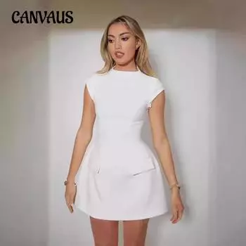 Летнее женское платье сплошного цвета с круглым вырезом и карманами, тонкие платья на талии XS белый