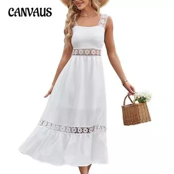 Летнее женское платье сплошного цвета с полым кружевом и квадратным вырезом без рукавов, платья с лямкой на шее S белый
