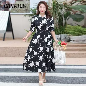 Летнее женское платье средней длины с v-образным вырезом и принтом больших размеров 4XL чёрный