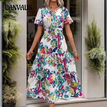 Летнее женское платье средней длины с коротким рукавом и v-образным вырезом с принтом