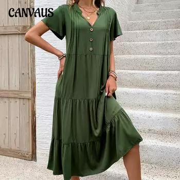 Летнее женское платье средней длины с v-образным вырезом, зеленые платья S зелёный