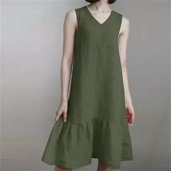 Летнее женское платье средней длины, свободное платье-жилет с V-образным вырезом и плиссировкой на шее S армия зеленый