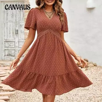 Летнее женское платье Свежие однотонные платья с v-образным вырезом и короткими рукавами с рюшами S абрикосовый