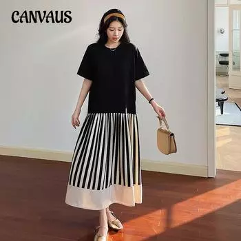 Летнее женское платье, свободное платье больших размеров в полоску с цветными блоками и завязками на подол, платья с короткими рукавами L чёрный