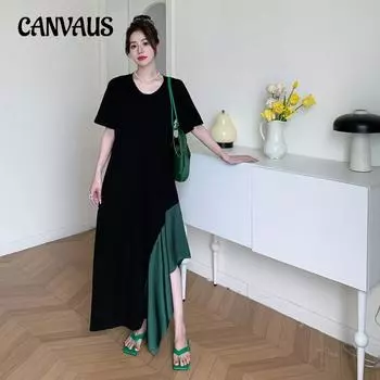 Летнее женское платье, свободное платье больших размеров, повседневное лоскутное платье с нерегулярным подолом, U-образным вырезом и коротким рукавом, платья L чёрный