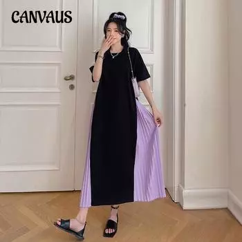 Летнее женское платье, свободное платье больших размеров, модное платье с короткими рукавами и плиссированной кромкой под давлением L чёрный