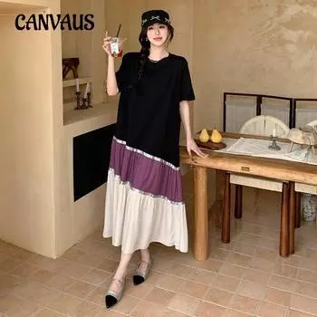 Летнее женское платье Свободное платье больших размеров в стиле пэчворк с цветной лентой Асимметричные платья с короткими рукавами L чёрный