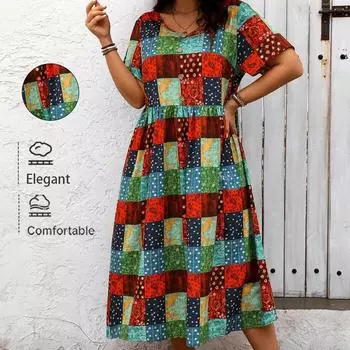 Летнее женское платье свободного кроя с круглым вырезом и принтом больших размеров XL красный