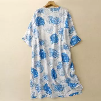 Летнее женское платье свободного кроя в этническом стиле с круглым вырезом и короткими рукавами в стиле ретро средней длины M