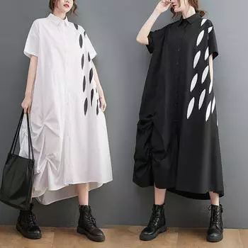 Летнее женское платье свободного покроя большого размера с коротким рукавом и принтом, юбка, художественный темперамент в длинном повседневном платье L белый