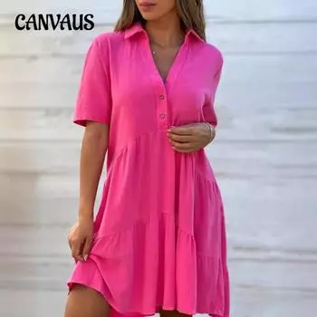 Летнее женское платье свободного покроя с лацканами, повседневные платья с коротким рукавом S красный