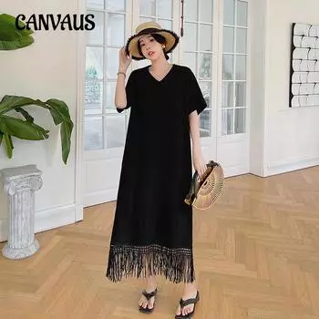 Летнее женское платье Свободные модные простые платья больших размеров с бахромой и короткими рукавами