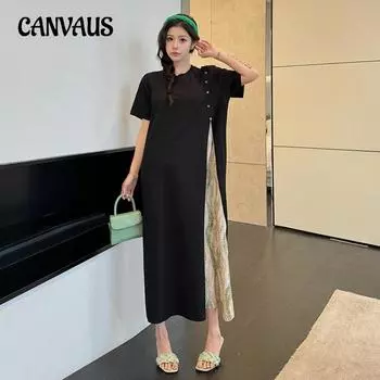 Летнее женское платье Свободные платья больших размеров в национальном стиле с короткими рукавами на пуговицах в этническом стиле L чёрный