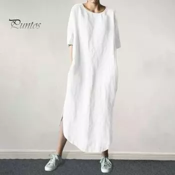 Летнее женское платье Свободный круглый вырез с прямыми рукавами и разрезом Нерегулярный подол длиной до щиколотки Сплошной цвет Пуловер Мягкое дышащее повседневное платье макси M светло-синий