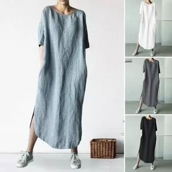 Летнее женское платье Свободный круглый вырез с прямыми рукавами и разрезом Нерегулярный подол длиной до щиколотки Сплошной цвет Пуловер Мягкое дышащее повседневное платье макси M светло-синий