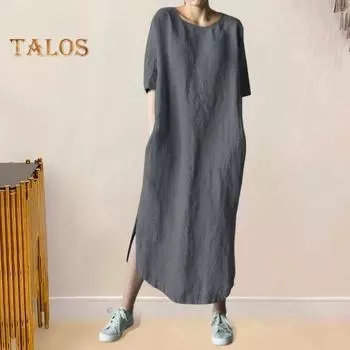 Летнее женское платье Свободный круглый вырез с прямыми рукавами и разрезом Нерегулярный подол длиной до щиколотки Сплошной цвет Пуловер Мягкое дышащее повседневное платье макси M светло-синий