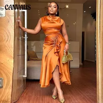 Летнее женское платье Темперамент без рукавов Тонкие платья средней длины с рюшами нестандартной формы S оранжевый