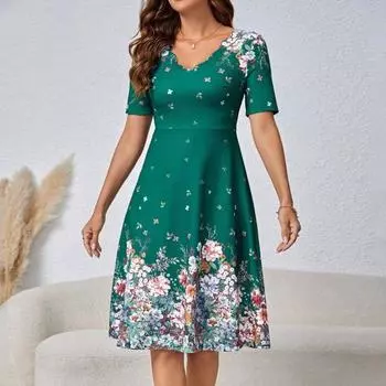 Летнее женское платье трапециевидной формы с цветочным принтом, свободный подол, короткие рукава, волнистый V-образный вырез, высокая талия, длина до колена, вечеринка, свидание, шоппинг, платье миди S темно-синий