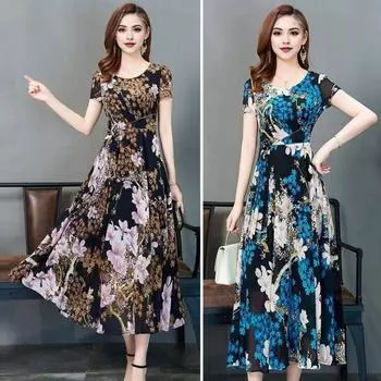 Летнее женское платье трапециевидной формы с цветочным принтом, большой подол, высокая талия, короткие рукава, круглый вырез, плиссированное платье до середины икры, официальное вечернее платье миди для поездок на работу 2XL коричневый