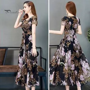 Летнее женское платье трапециевидной формы с цветочным принтом, большой подол, высокая талия, короткие рукава, круглый вырез, плиссированное платье до середины икры, официальное вечернее платье миди для поездок на работу 2XL коричневый