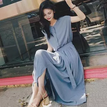 Летнее женское платье трапециевидной формы с тонкой талией и короткими рукавами, круглым вырезом, чистый цвет, плиссированное полуоднобортное платье миди M синий