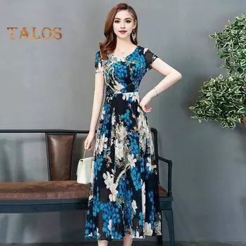 Летнее женское платье трапециевидной формы с цветочным принтом, большой подол, высокая талия, короткие рукава, круглый вырез, плиссированное платье до середины икры, официальное вечернее платье миди для поездок на работу 2XL коричневый