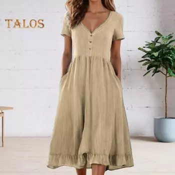 Летнее женское платье трапециевидной формы со свободным подолом, сплошной цвет с рюшами и короткими рукавами, V-образным вырезом, дышащими карманами на пуговицах, пляжное платье миди для отдыха L серый